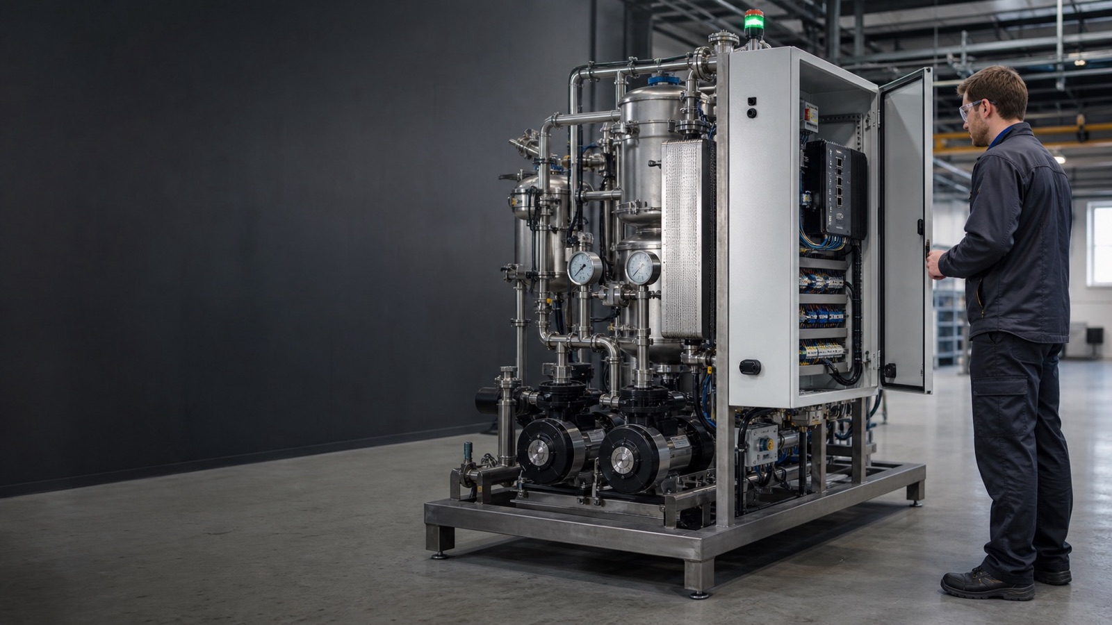 Engineer commissioning a compact industrial process skid with local machine control